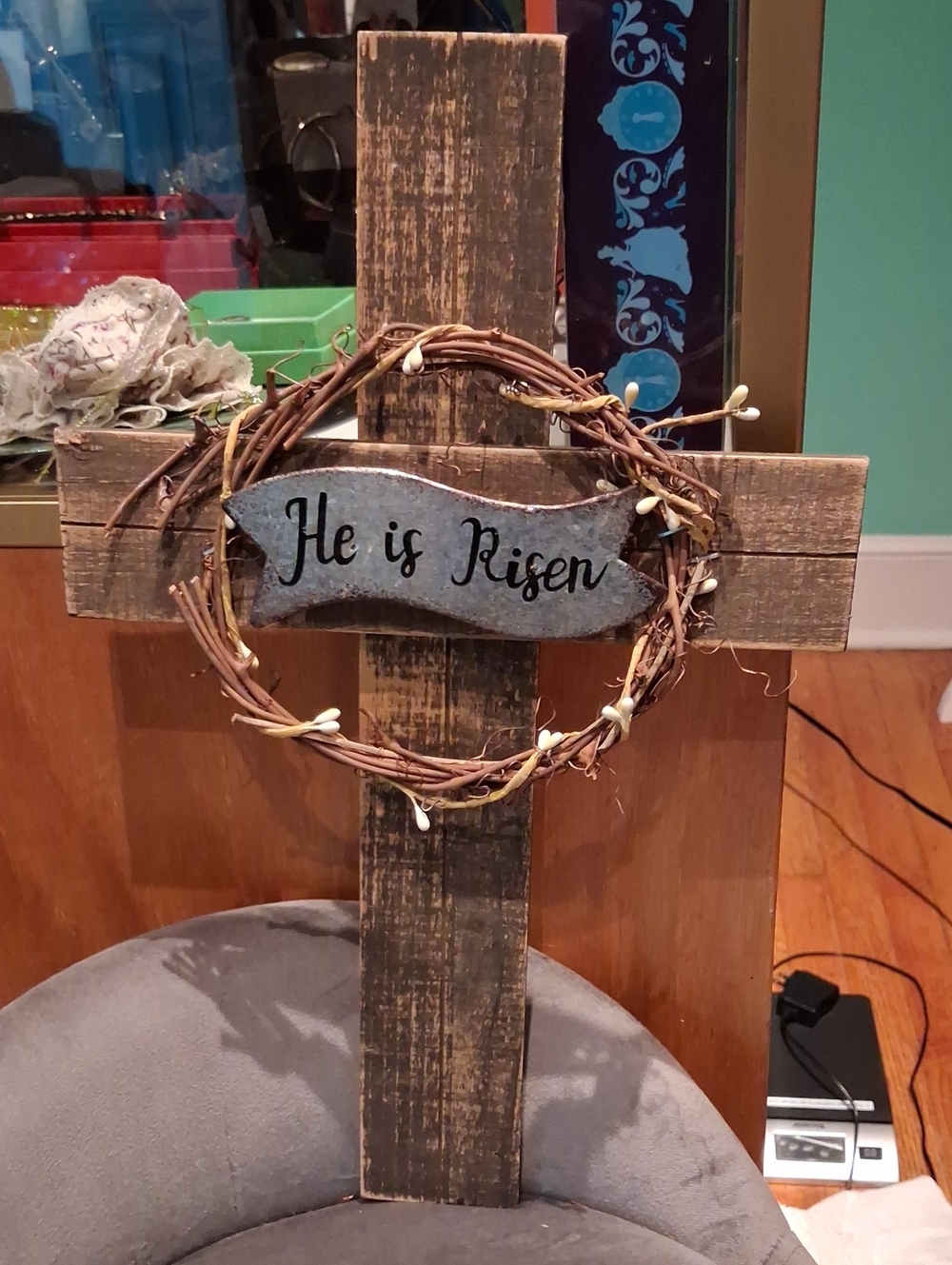 Wooden Cross Wall Decor "He is Risen" with Grapevine Wreath